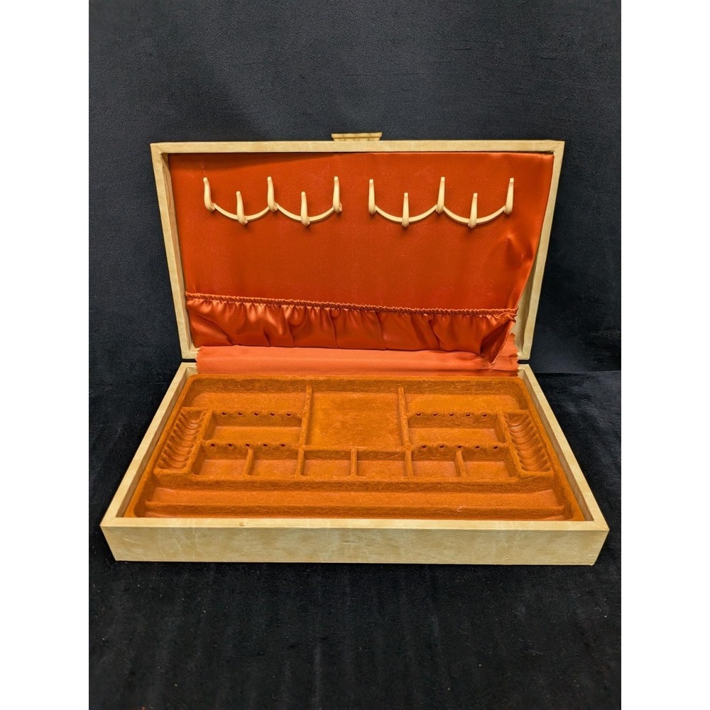 VTG MCM Mele Jewelry Box Mid Century Cream Gold Trim Orange Velvet Interior 14"